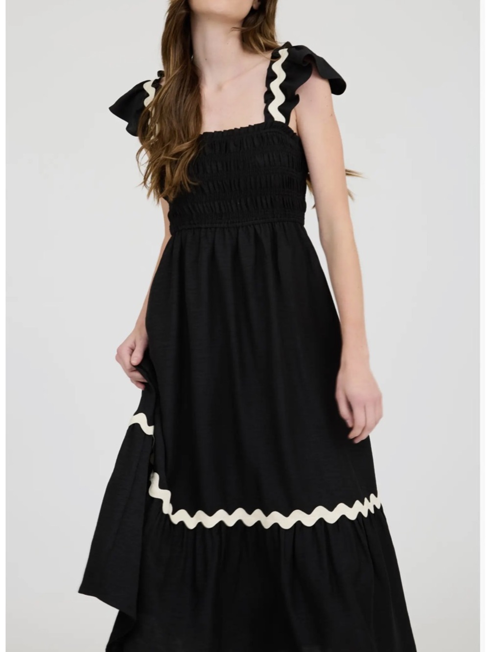 Black Smocked Midi Dress with Decorative Trim August Sky Boho S NEW Ric Rac